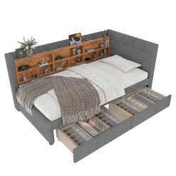 Lit de jour 90x200 cm, 2 tiroirs, USB/Type-C, rangement, lattes, lin - gris