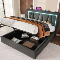 lit de rangement 160x200 cm lit rembourré lit eclairage led avec fonction de chargement usb type c lit double lin gris