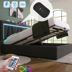 lit de rangement 160x200 cm lit rembourré lit eclairage led avec fonction de chargement usb type c lit double lin gris