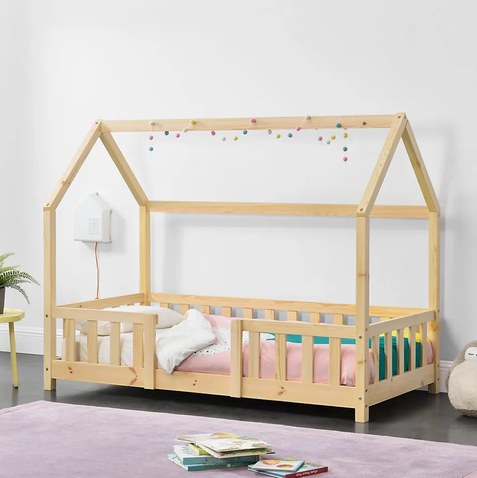 Lit d'Enfant Design Forme Maison Sisimiut Pin 140 x 70 cm Naturel en.casa