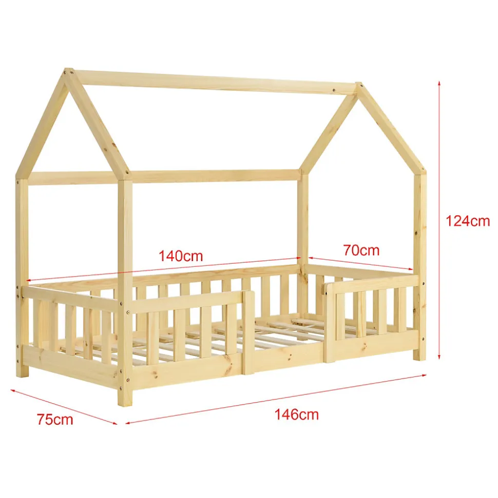 Lit d'Enfant Design Forme Maison Sisimiut Pin 140 x 70 cm Naturel en.casa