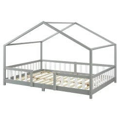 Lit d'Enfant Forme Maison avec Grille de Protection Treviolo 200 x 140 cm gris en.casa