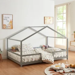 Lit d'Enfant Forme Maison avec Grille de Protection Treviolo 200 x 140 cm gris en.casa