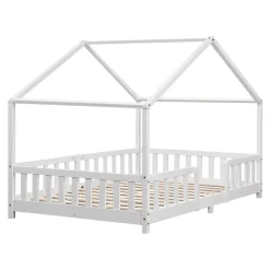 Lit d'Enfant Forme Maison avec Grille de Protection Treviolo 200 x 120 cm Blanc Mat Laqué en.casa