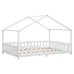 Lit d'Enfant Forme Maison avec Grille de Protection Treviolo 200 x 120 cm Blanc Mat Laqué en.casa