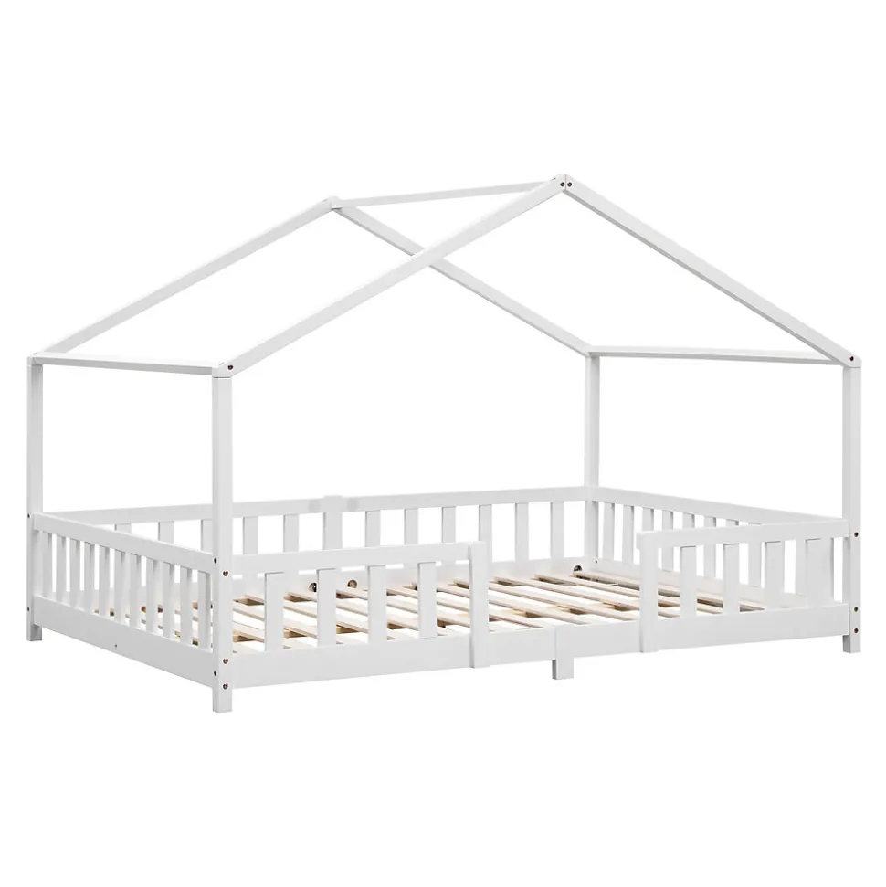 Lit d'Enfant Forme Maison avec Grille de Protection Treviolo 200 x 120 cm Blanc Mat Laqué en.casa