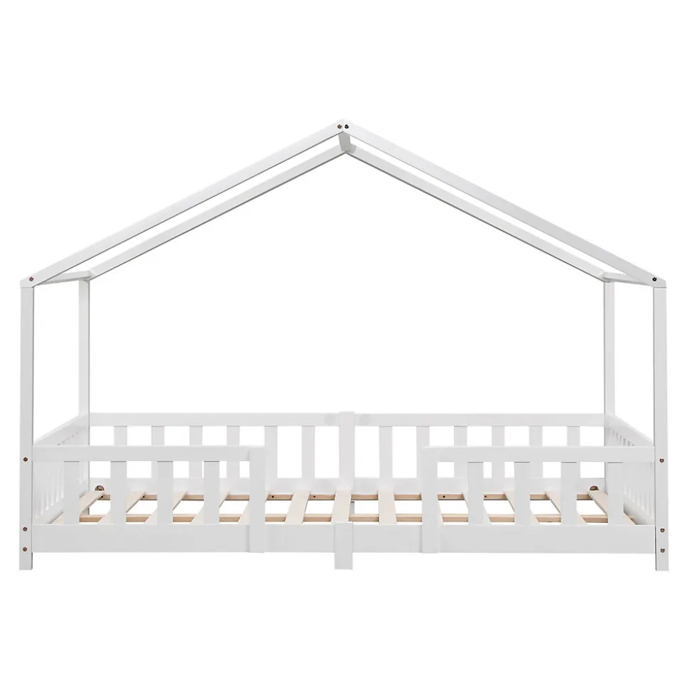 Lit d'Enfant Forme Maison avec Grille de Protection Treviolo 200 x 120 cm Blanc Mat Laqué en.casa