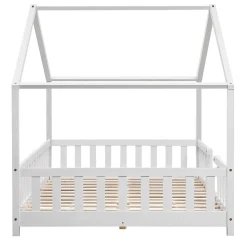 Lit d'Enfant Forme Maison avec Grille de Protection Treviolo 200 x 120 cm Blanc Mat Laqué en.casa