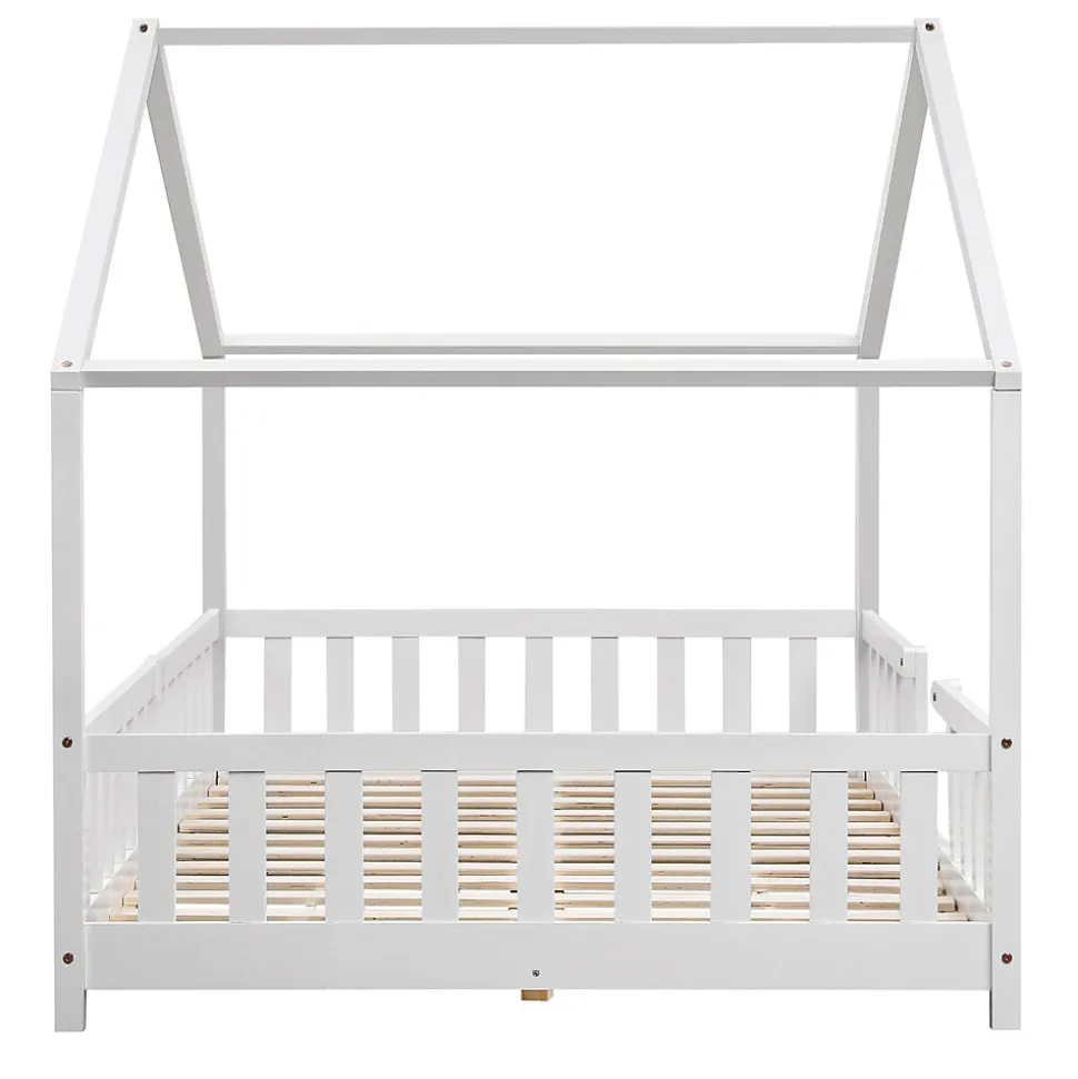 Lit d'Enfant Forme Maison avec Grille de Protection Treviolo 200 x 120 cm Blanc Mat Laqué en.casa