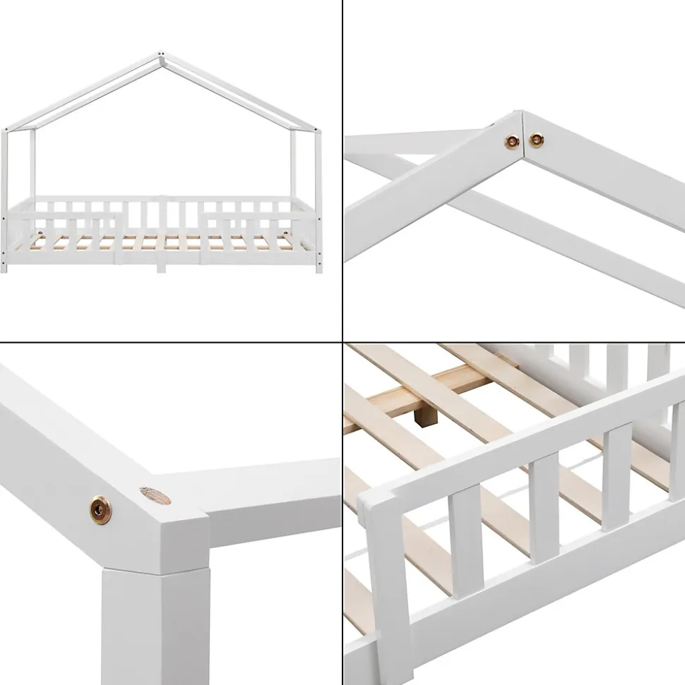 Lit d'Enfant Forme Maison avec Grille de Protection Treviolo 200 x 120 cm Blanc Mat Laqué en.casa