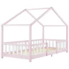Lit d'Enfant Forme Maison avec Grille de Protection Treviolo 200 x 90 cm Rose Blanc Mat Laqué en.casa