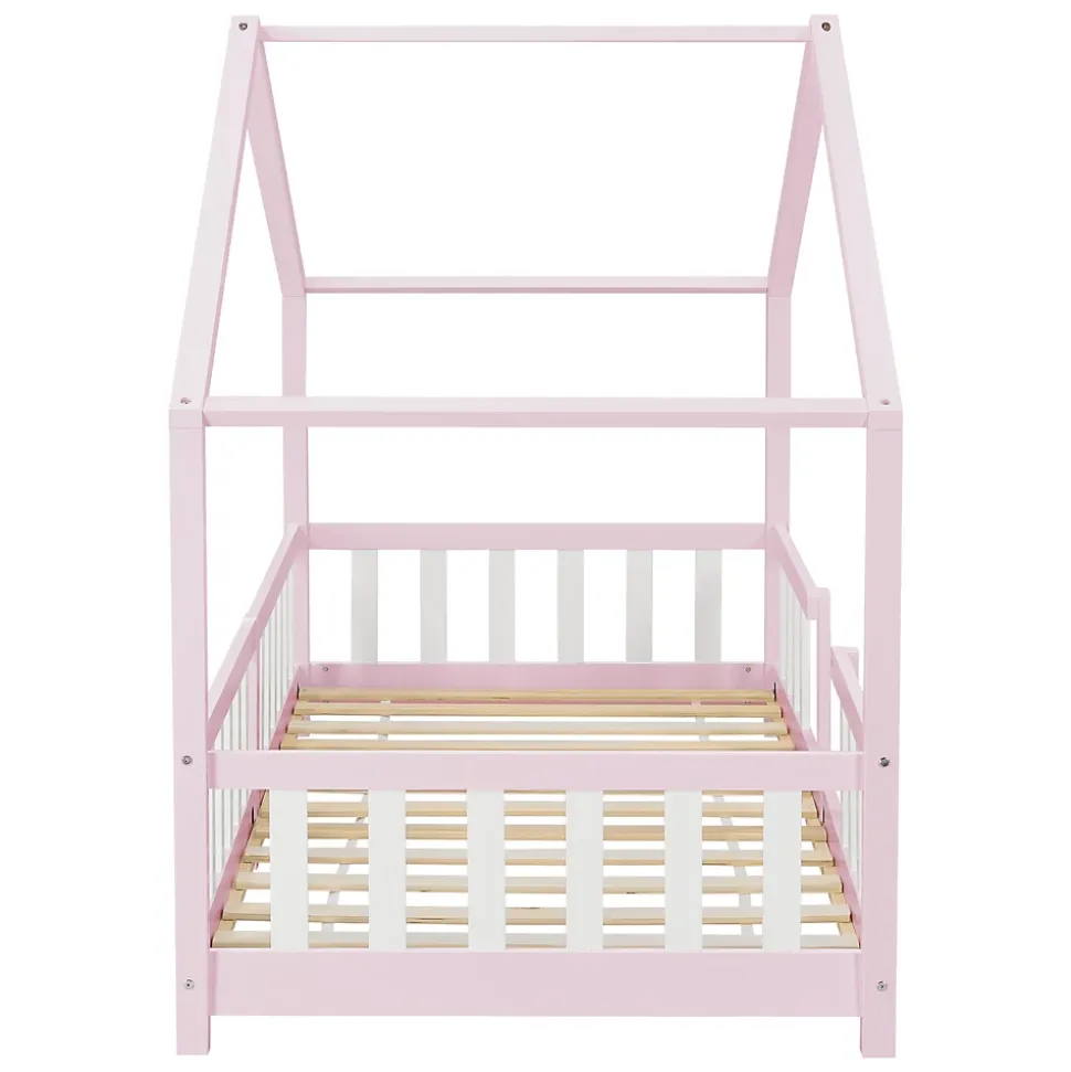 Lit d'Enfant Forme Maison avec Grille de Protection Treviolo 200 x 90 cm Rose Blanc Mat Laqué en.casa