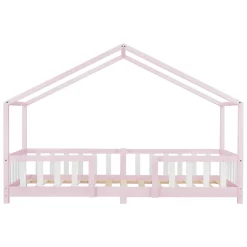 Lit d'Enfant Forme Maison avec Grille de Protection Treviolo 200 x 90 cm Rose Blanc Mat Laqué en.casa