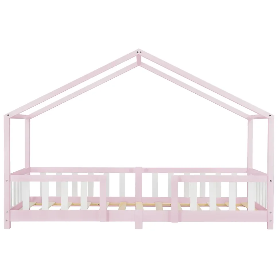 Lit d'Enfant Forme Maison avec Grille de Protection Treviolo 200 x 90 cm Rose Blanc Mat Laqué en.casa