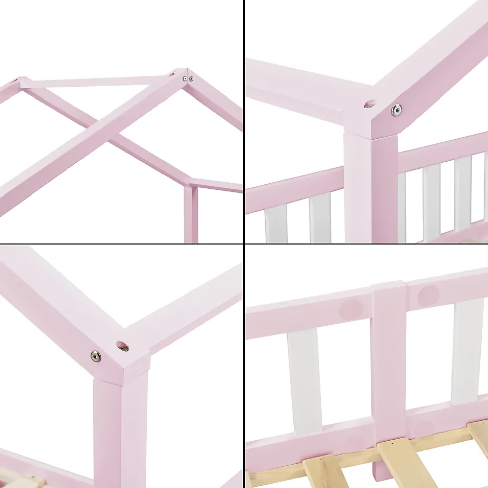 Lit d'Enfant Forme Maison avec Grille de Protection Treviolo 200 x 90 cm Rose Blanc Mat Laqué en.casa