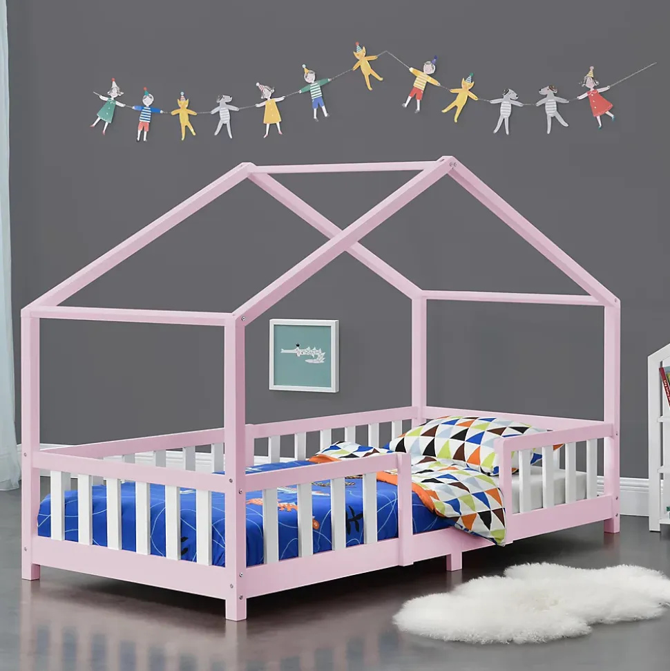 Lit d'Enfant Forme Maison avec Grille de Protection Treviolo 200 x 90 cm Rose Blanc Mat Laqué en.casa