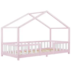 Lit d'Enfant Forme Maison avec Grille de Protection Treviolo 200 x 90 cm Rose Blanc Mat Laqué en.casa