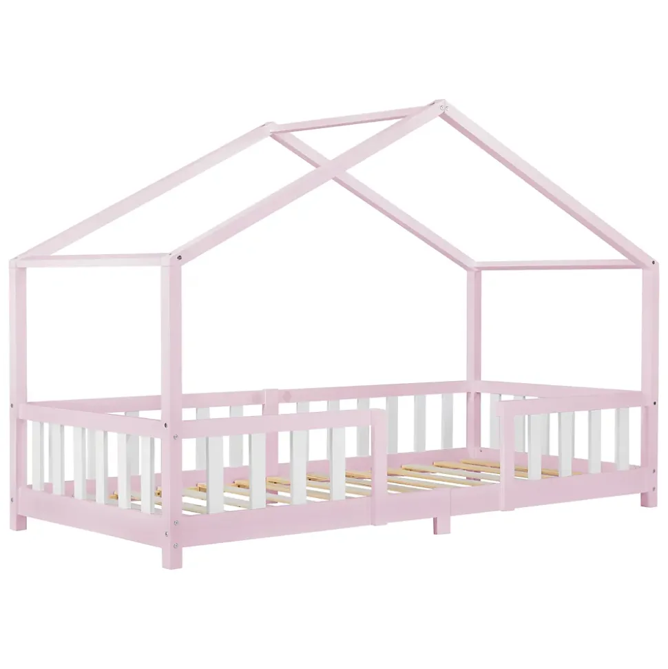 Lit d'Enfant Forme Maison avec Grille de Protection Treviolo 200 x 90 cm Rose Blanc Mat Laqué en.casa