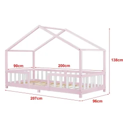 Lit d'Enfant Forme Maison avec Grille de Protection Treviolo 200 x 90 cm Rose Blanc Mat Laqué en.casa