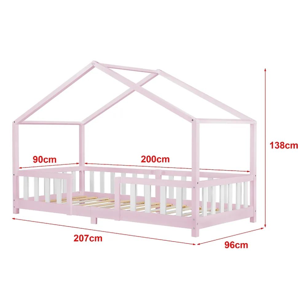 Lit d'Enfant Forme Maison avec Grille de Protection Treviolo 200 x 90 cm Rose Blanc Mat Laqué en.casa