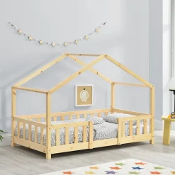 Lit d'Enfant Forme Maison avec Grille de Protection Treviolo 160 x 80 cm Bois Naturel en.casa