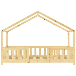 Lit d'Enfant Forme Maison avec Grille de Protection Treviolo 160 x 80 cm Bois Naturel en.casa