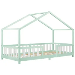 Lit d'Enfant Forme Maison avec Grille de Protection Treviolo 200 x 90 cm Menthe Blanc Mat Laqué en.casa