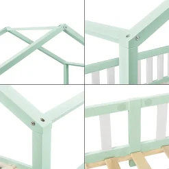 Lit d'Enfant Forme Maison avec Grille de Protection Treviolo 200 x 90 cm Menthe Blanc Mat Laqué en.casa