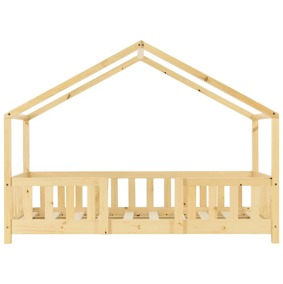 Lit d'Enfant Forme Maison avec Grille de Protection Treviolo 140 x 70 cm Bois Naturel en.casa