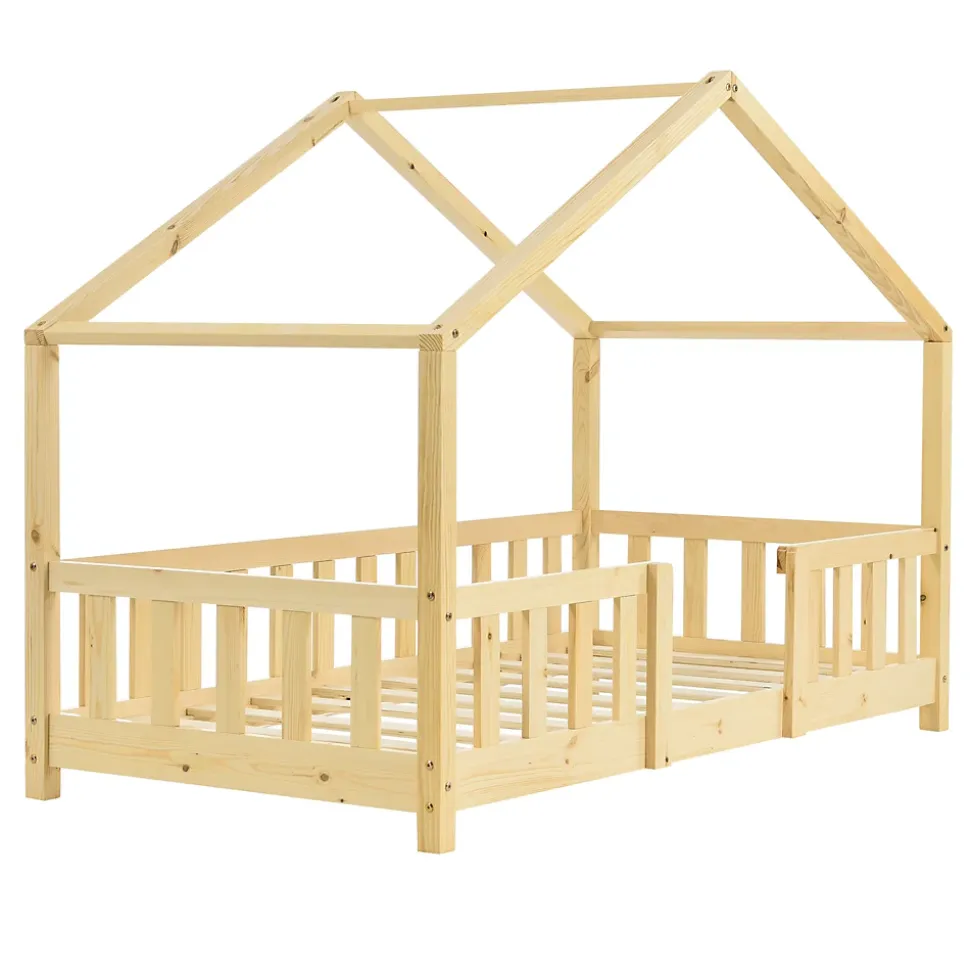 Lit d'Enfant Forme Maison avec Grille de Protection Treviolo 140 x 70 cm Bois Naturel en.casa