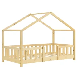 Lit d'Enfant Forme Maison avec Grille de Protection Treviolo 140 x 70 cm Bois Naturel en.casa
