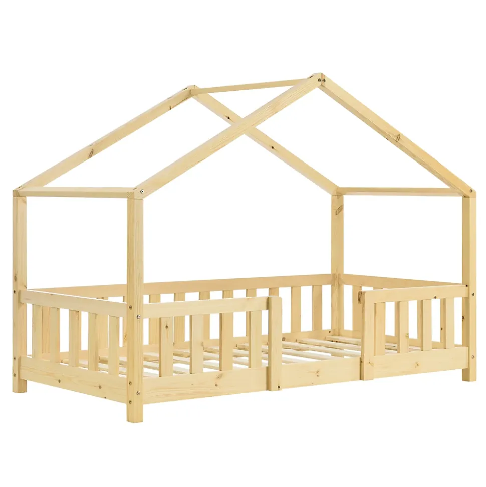 Lit d'Enfant Forme Maison avec Grille de Protection Treviolo 140 x 70 cm Bois Naturel en.casa