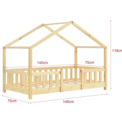 Lit d'Enfant Forme Maison avec Grille de Protection Treviolo 140 x 70 cm Bois Naturel en.casa