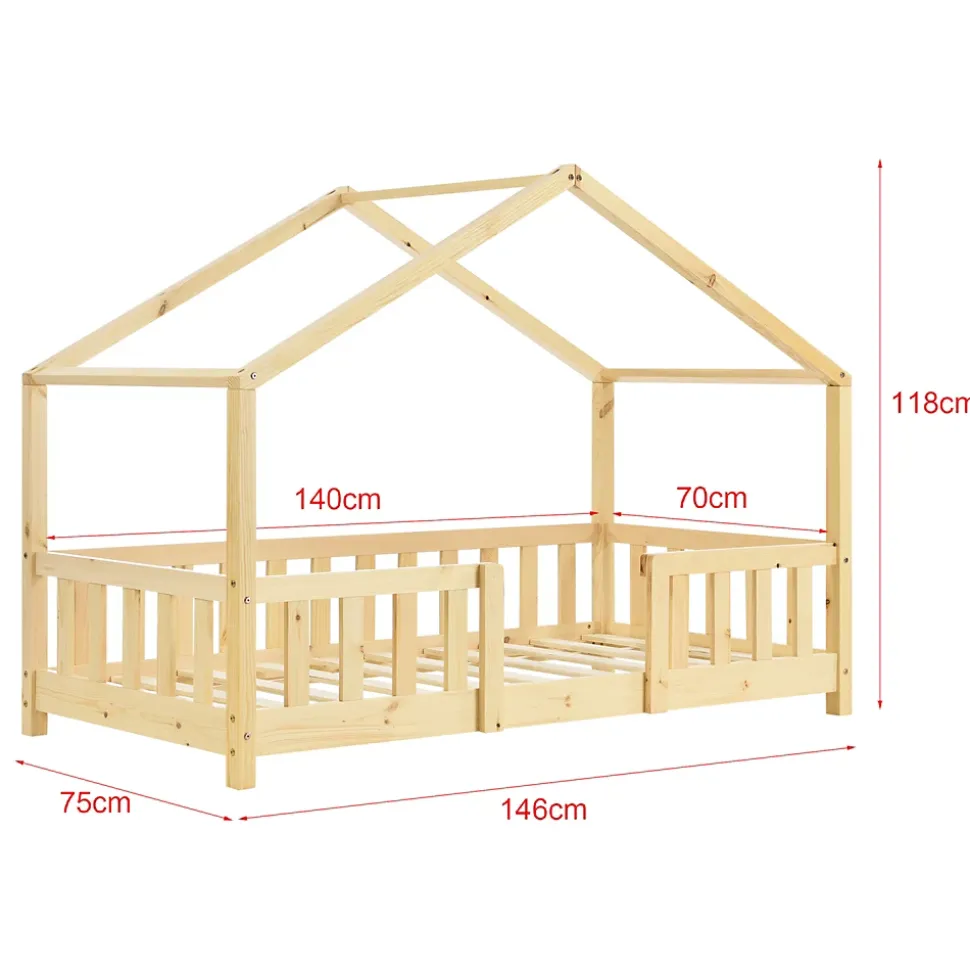 Lit d'Enfant Forme Maison avec Grille de Protection Treviolo 140 x 70 cm Bois Naturel en.casa