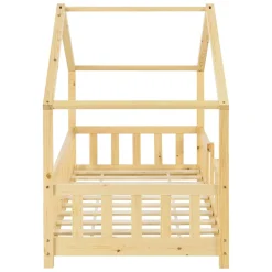 Lit d'Enfant Forme Maison avec Grille de Protection Treviolo 140 x 70 cm Bois Naturel en.casa
