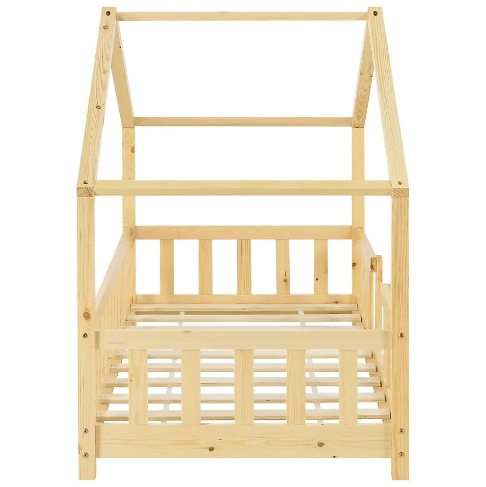 Lit d'Enfant Forme Maison avec Grille de Protection Treviolo 140 x 70 cm Bois Naturel en.casa