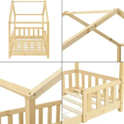 Lit d'Enfant Forme Maison avec Grille de Protection Treviolo 140 x 70 cm Bois Naturel en.casa