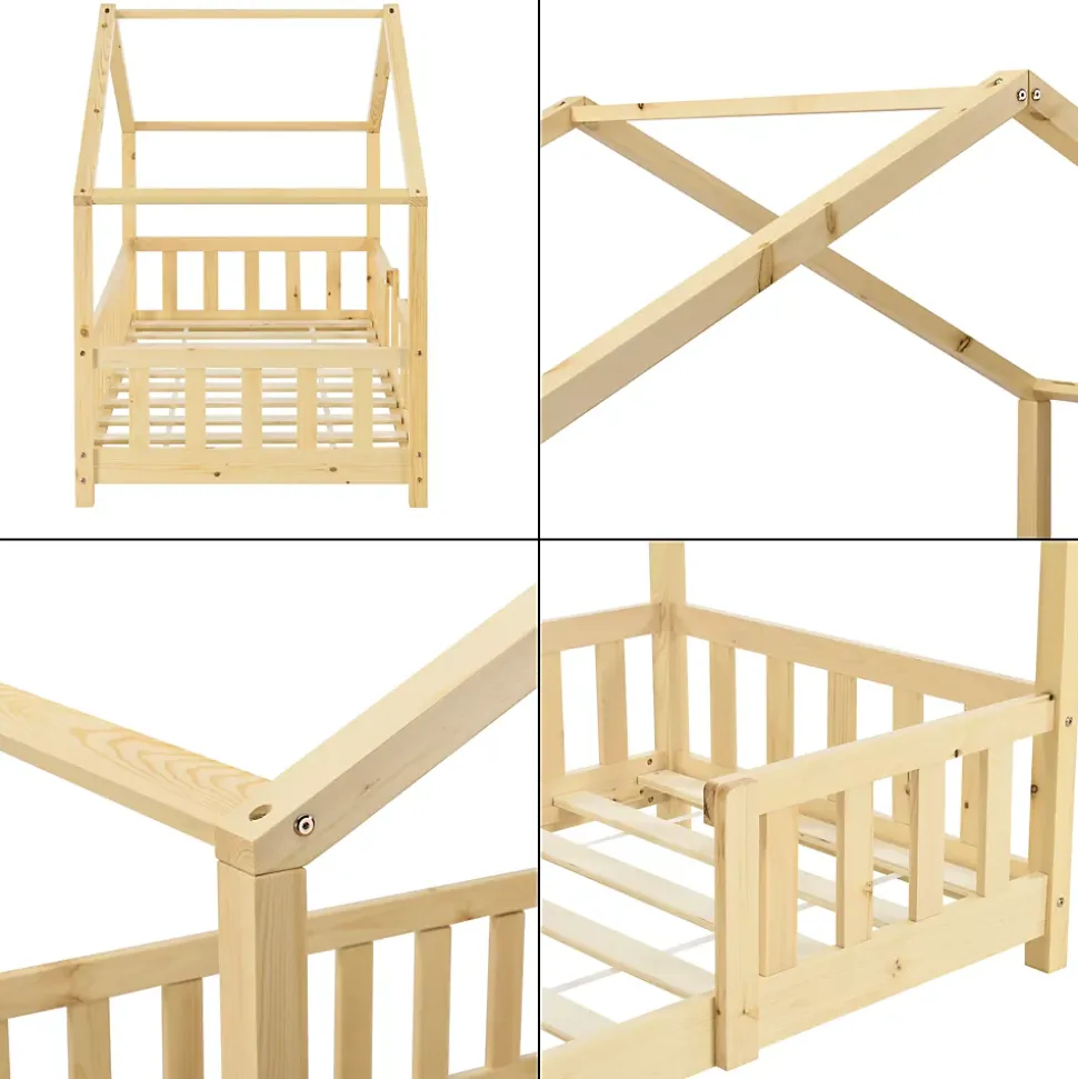 Lit d'Enfant Forme Maison avec Grille de Protection Treviolo 140 x 70 cm Bois Naturel en.casa