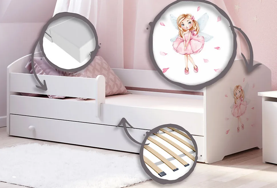 Lit d'enfant LUK avec tiroir et barreaux 160x80 Fille avec ailes