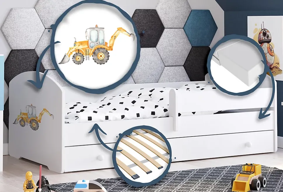 Lit d'enfant LUK avec tiroir et barreau 160x80 Yellow digger