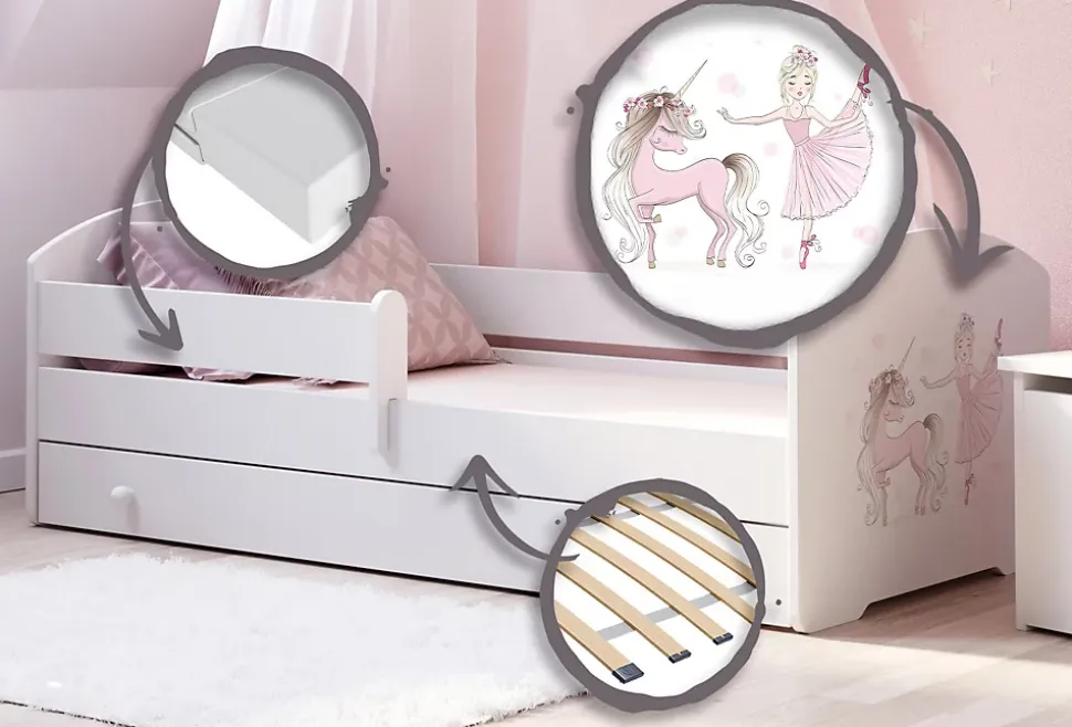 Lit d'enfant LUK avec tiroir et tringle 140x70 Fille avec licorne