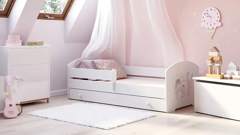 Lit d'enfant LUK avec tiroir et tringle 140x70 Fille avec licorne