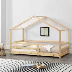 Lit d'Enfant Maison avec Barreaux de Sécurité Knätten Pin 90 x 200 cm Bois Naturel en.casa