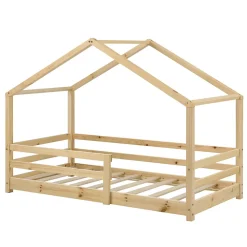 Lit d'Enfant Maison avec Barreaux de Sécurité Knätten Pin 90 x 200 cm Bois Naturel en.casa