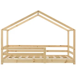 Lit d'Enfant Maison avec Barreaux de Sécurité Knätten Pin 90 x 200 cm Bois Naturel en.casa