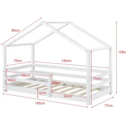Lit d'Enfant Maison avec Barreaux de Sécurité Knätten Pin 70 x 140 cm Blanc Mat Laqué en.casa