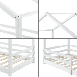 Lit d'Enfant Maison avec Barreaux de Sécurité Knätten Pin 70 x 140 cm Blanc Mat Laqué en.casa