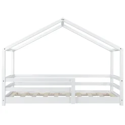 Lit d'Enfant Maison avec Barreaux de Sécurité Knätten Pin 70 x 140 cm Blanc Mat Laqué en.casa