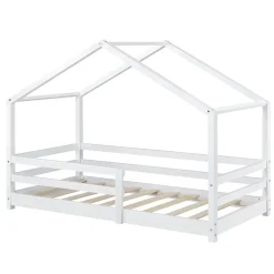 Lit d'Enfant Maison avec Barreaux de Sécurité Knätten Pin 70 x 140 cm Blanc Mat Laqué en.casa