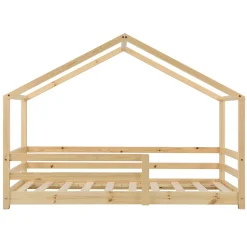 Lit d'Enfant Maison avec Barreaux de Sécurité Knätten Pin 70 x 140 cm Bois Naturel en.casa